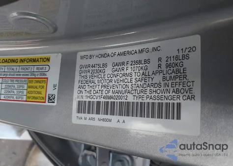 2021 Honda Accord Sport Special Edition из США, поврежденный, VIN 1HGCV1F46MA020012